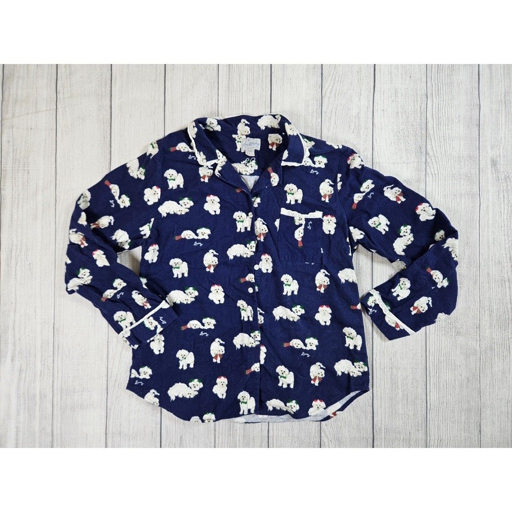Lanz of Salzburg Pajama Top Womens Large Blue Cotton Dog Print Button Front - Picture 2 of 8